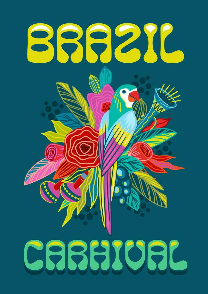 Template with flowers and parrot. Brazil carnival. Vector design for carnival concept and other use