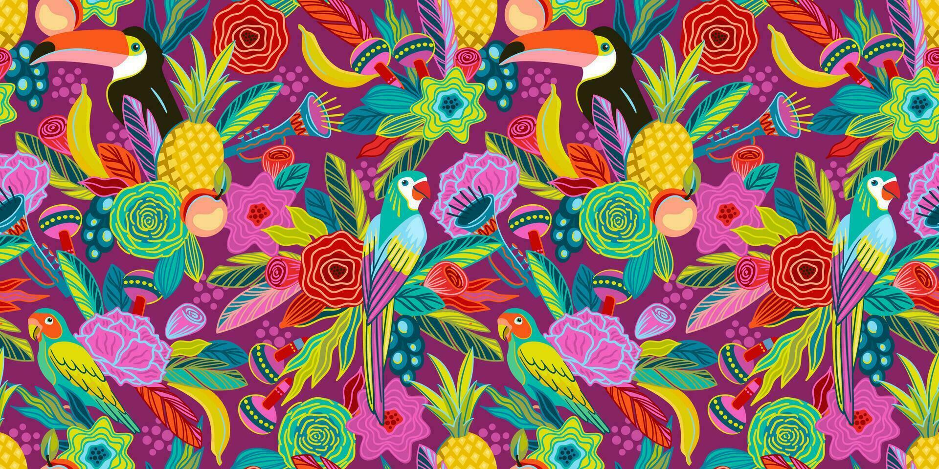 Vector seamless pattern with flowers, fruits, birds, musical instruments. Brazil carnival. Design templates for carnival concept and other use