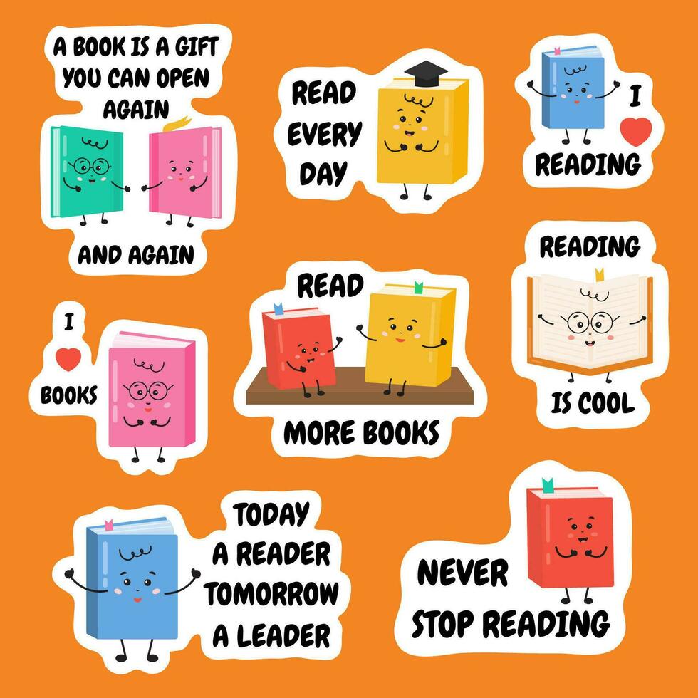 Collection of stickers with motivation inspirational quotes about books, reading, learning. Books lover, reading books, readers concept. Motivation of reading for kids, children. vector