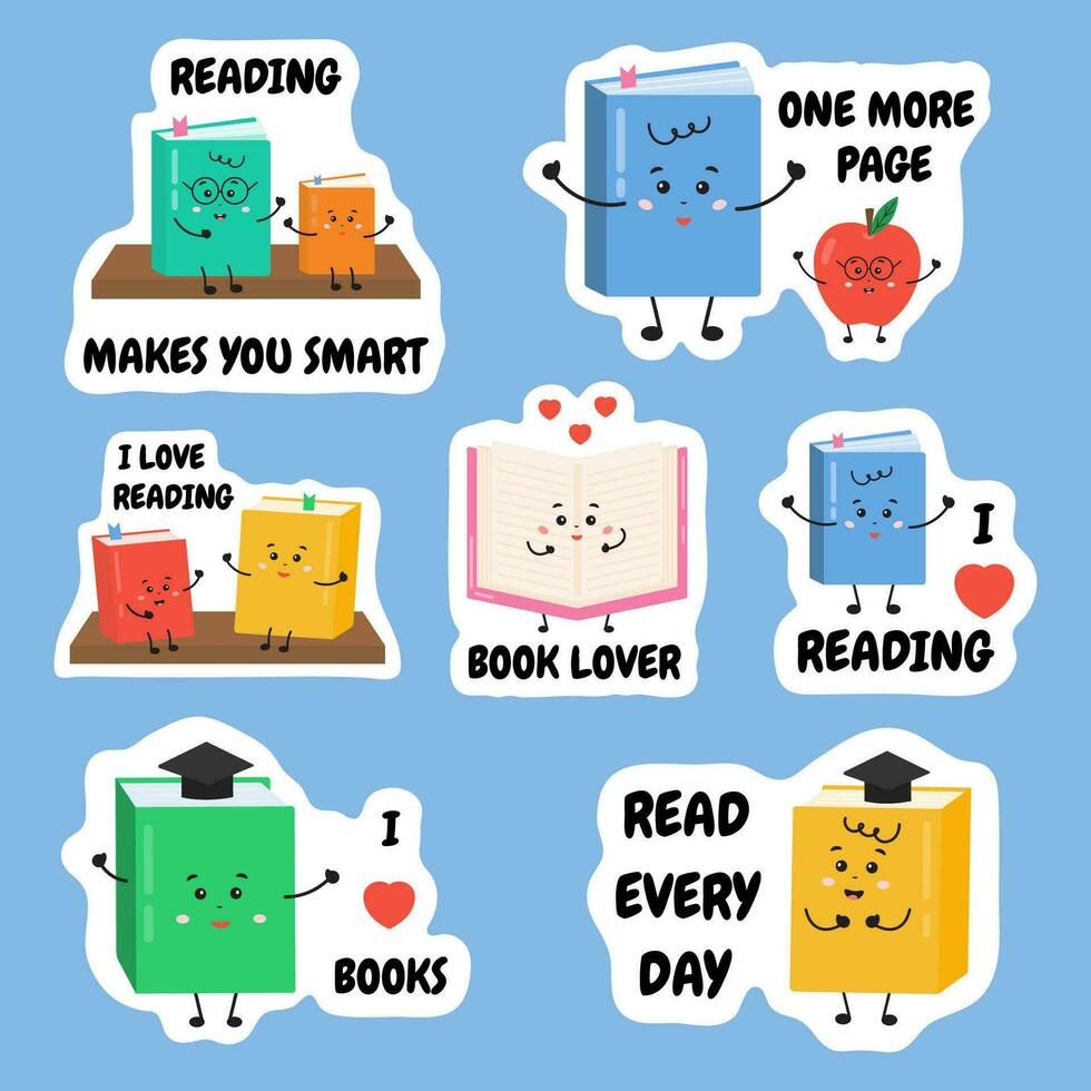Set of stickers with reading, book lover quotes. Reading activity for kids, schoolers motivation. I love read, read every day. Literature hobby collection for book lovers, readers for scrapbooking. vector