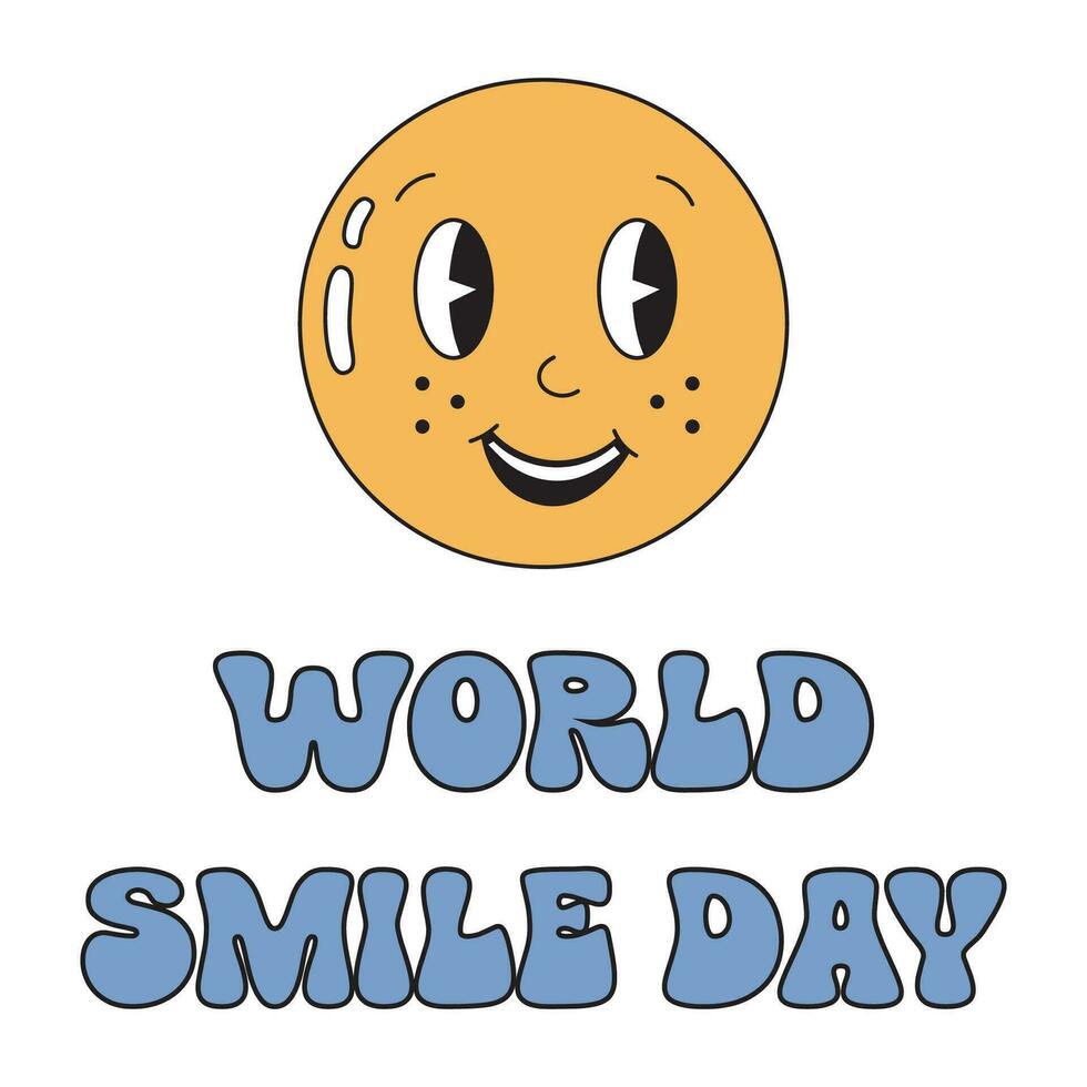 World smile day illustration with happy smiling yellow emoji. Funny emoji boy and girl in retro style. Perfect for greeting card, poster, social media, media resources. vector