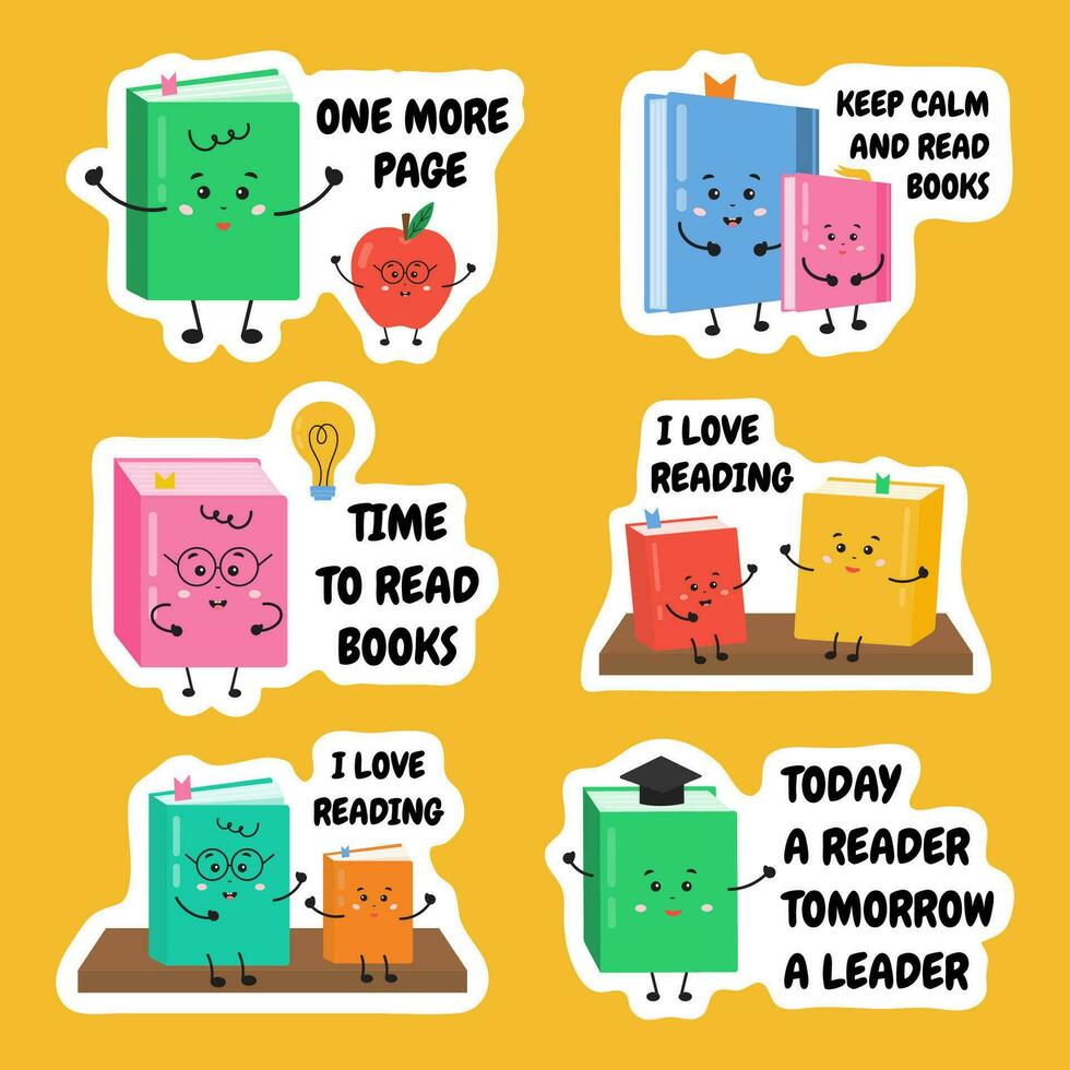 Set of stickers about books, readers, literature with cute books characters. For Reading lessons, libraries, motivation for kids, children to learn and read books. Literature hobby collection. vector