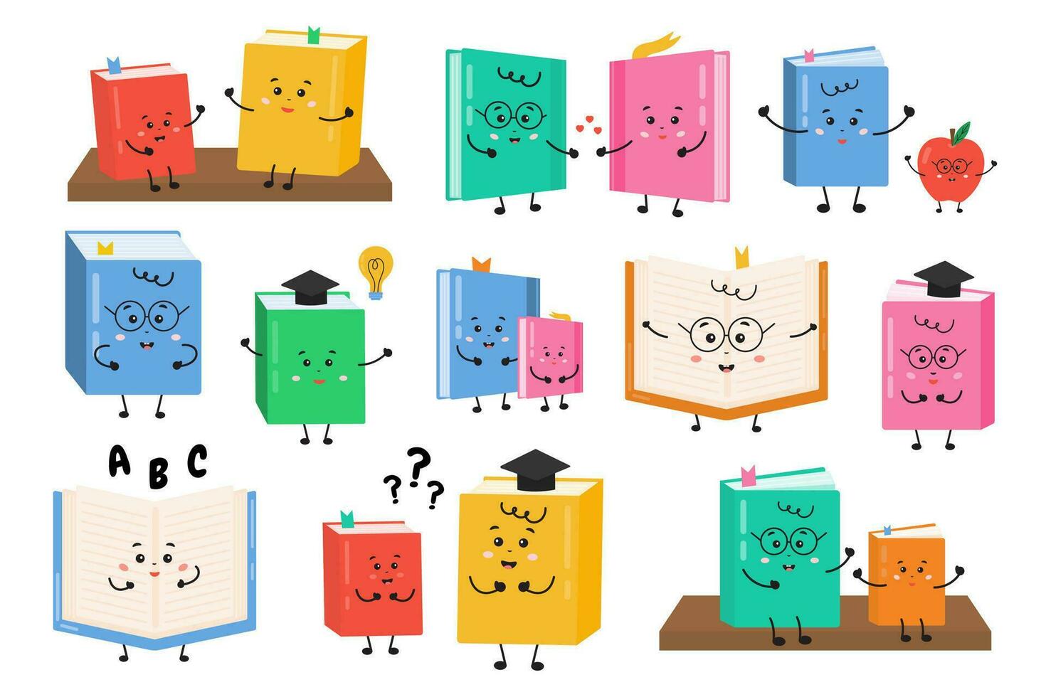 Collection of cute book characters for readers, book lovers, schoolers, libraries, lessons. Reading concept for kids. Funny different books, reading motivation elements in cartoon style. vector