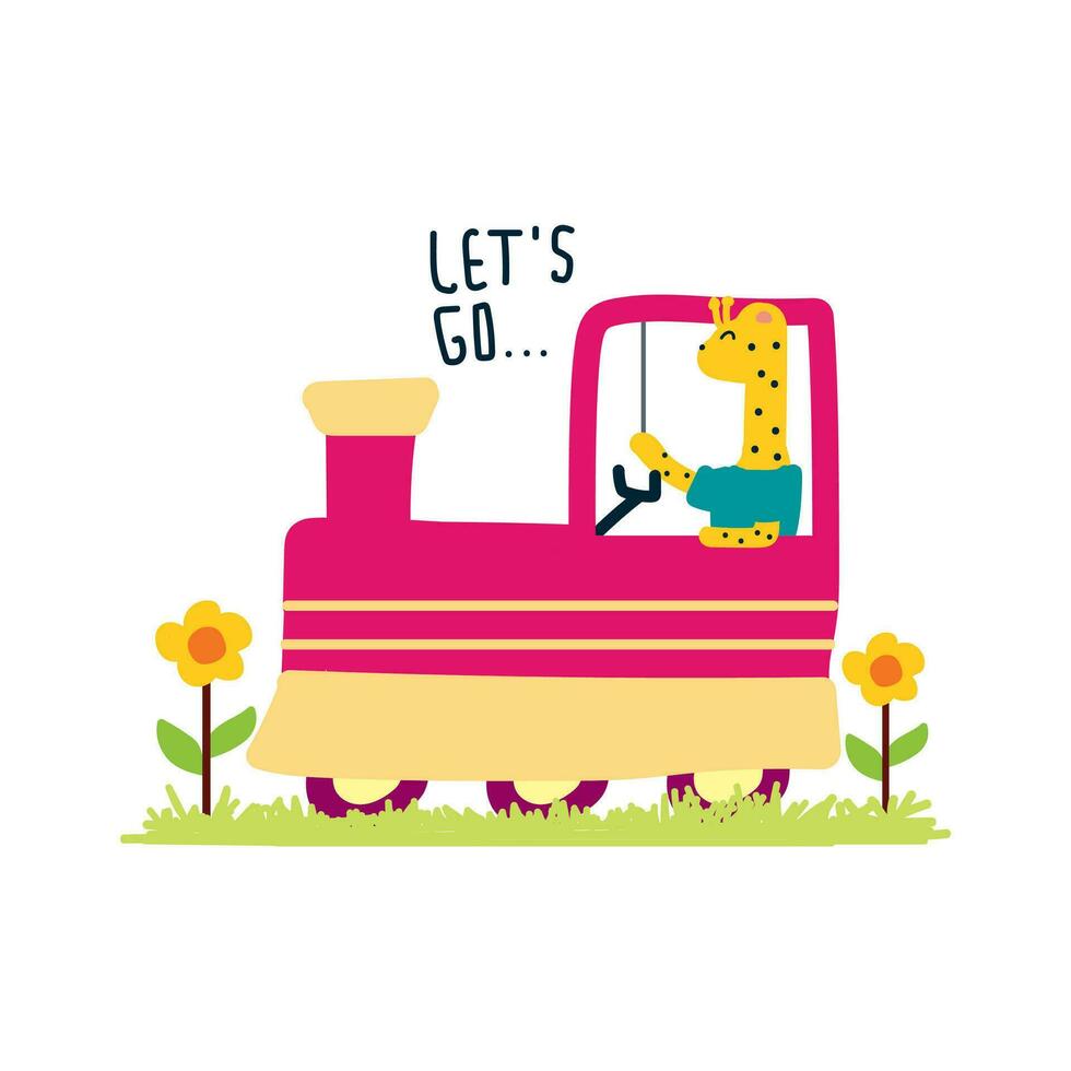 Cute giraffe driving a train vector illustration for for fabric, textile and print