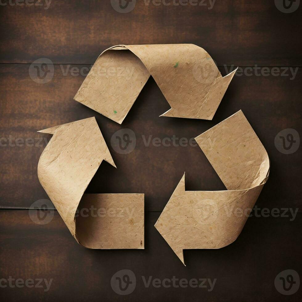 AI generated Recycling symbol on wooden background. Paper recycling concept photo
