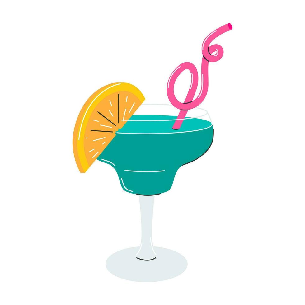 Cocktail with a slice of orange and a straw. A glass with a cold drink. A refreshing summer drink. A decorative element in a flat style. Vector illustration isolated on a white background.