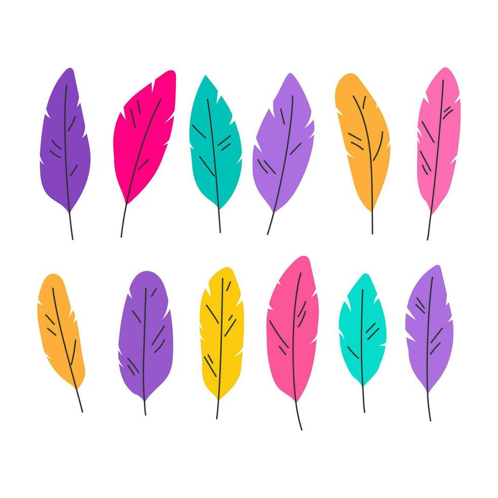 Bright hand-drawn feathers. Set of decorative elements for carnival, Mardi Gras, Brazilian festival. Flat Vector illustration isolated on a white background.