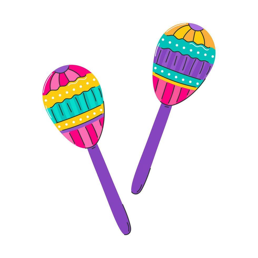 Maracas. Percussion shaker musical instrument. Rattle, a symbol of Latin American music, Mardi Gras, Brazilian carnival. Flat decorative element. Vector illustration highlighted on a white background.