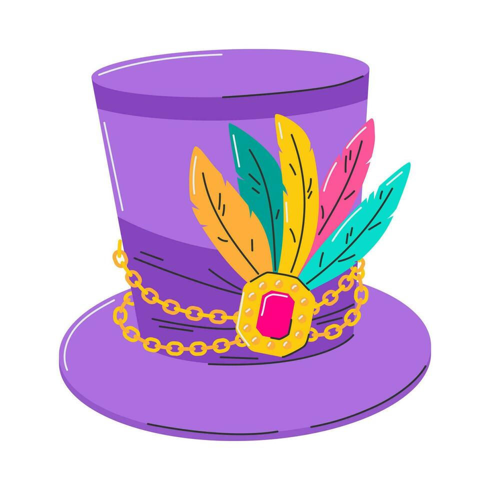 Hat with feathers and decorative buckle. A symbol of Mardi Gras. A headdress for a fancy dress, Masquerade costume. A bright design element. Flat vector illustration isolated on a white background.