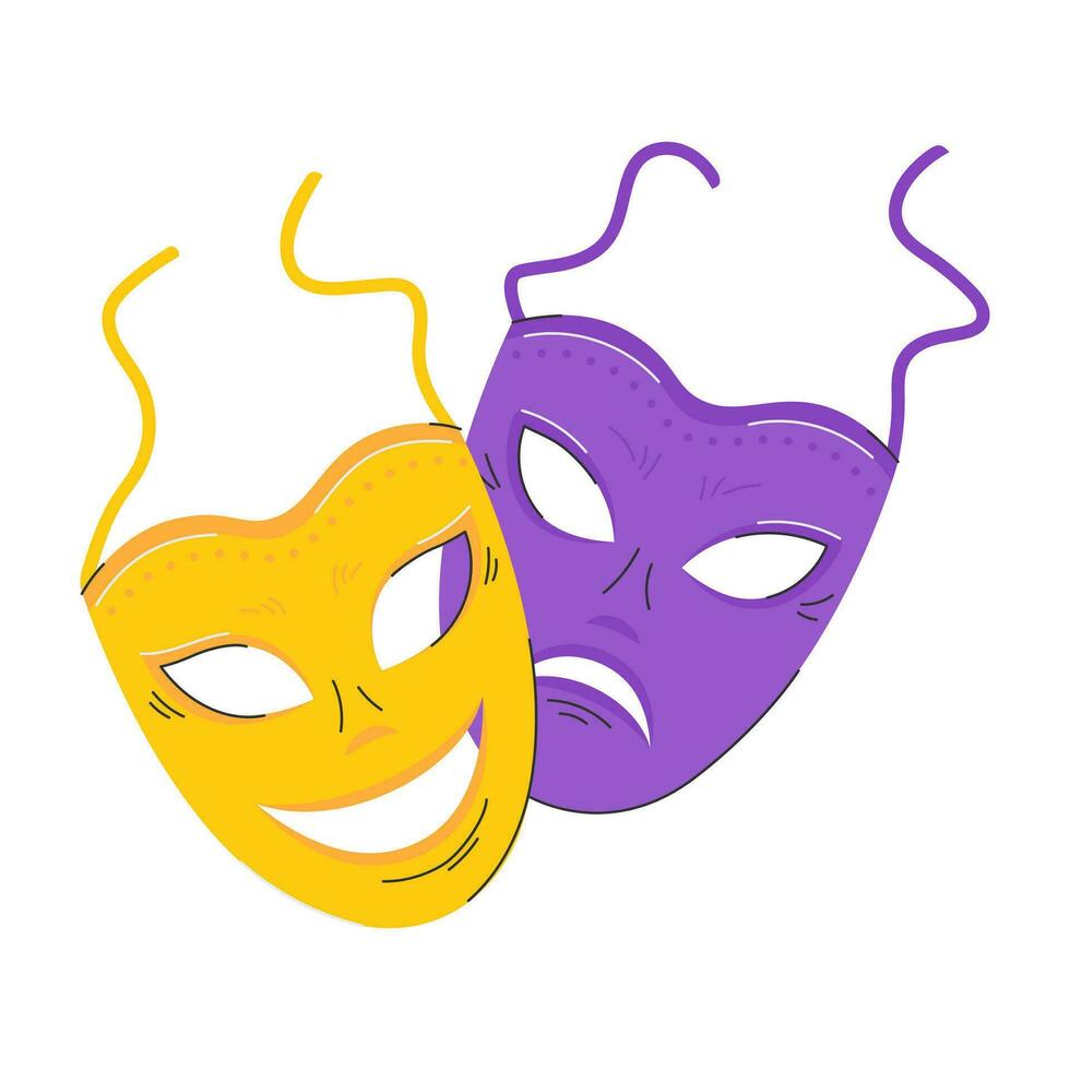 Comic and tragic mask icon. Masquerade, Theatrical masks. An element of a carnival costume. The symbol of Mardi Gras, the Brazilian carnival. Flat Vector illustration isolated on a white background.