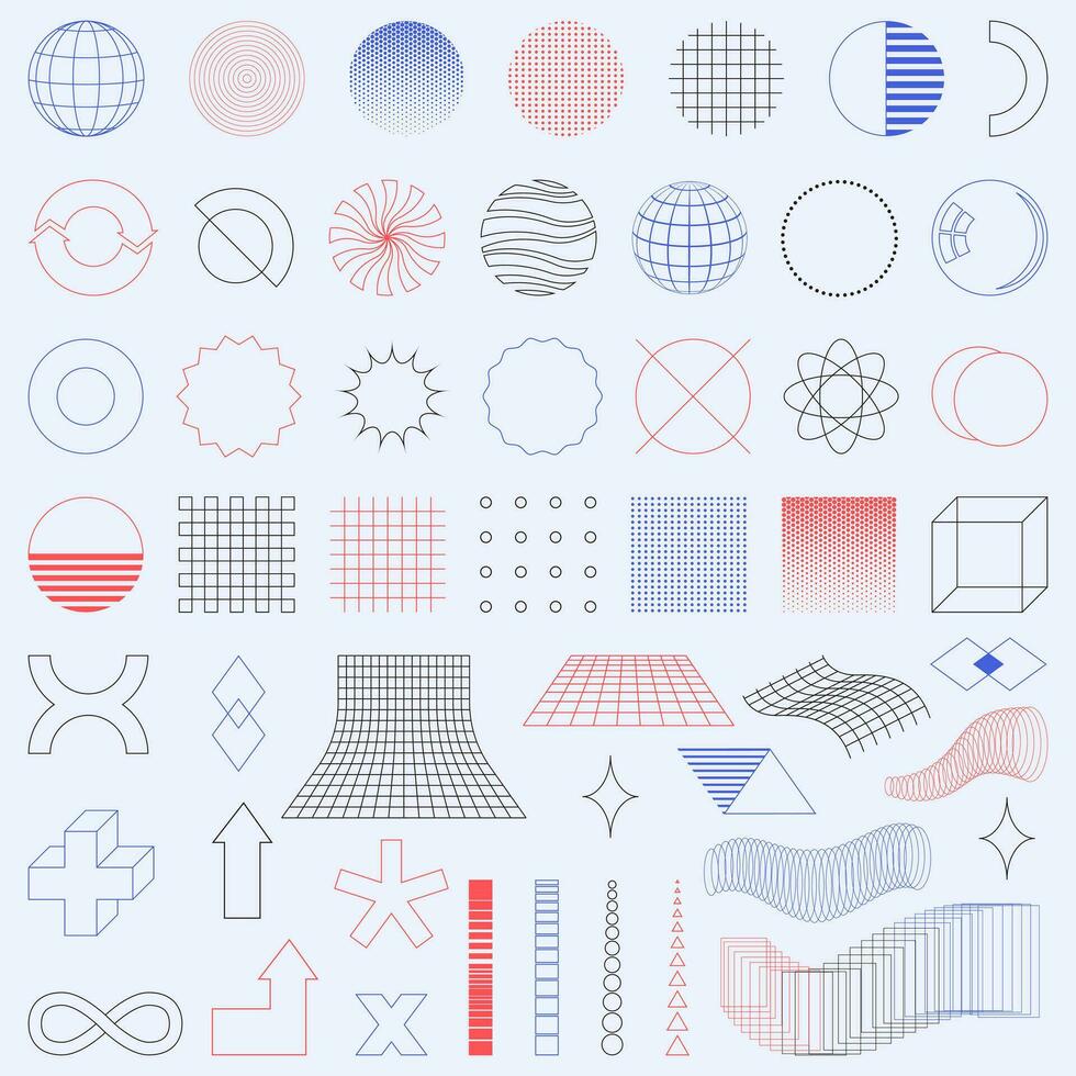 A set of trendy minimalistic linear icons and shapes for web design, posters, clothes, covers. Universal elements in vaporwave and brutalism style. Retro futurism shapes. Color vector illustrations