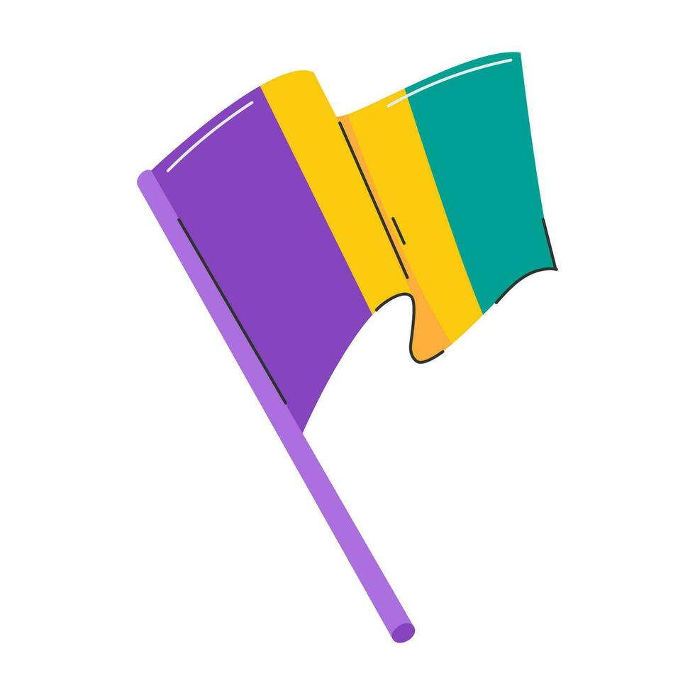 Yellow green purple flag. The symbol of Mardi Gras. Tricolor flag. Flat decorative element . Vector illustration isolated on a white background.