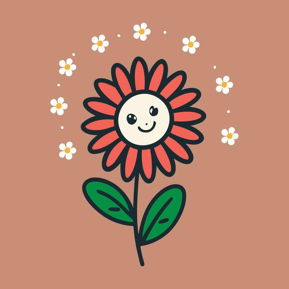 Groovy flower cartoon characters. Funny happy daisy with eyes and smile. Sticker pack in trendy retro trippy style. Isolated vector illustration.