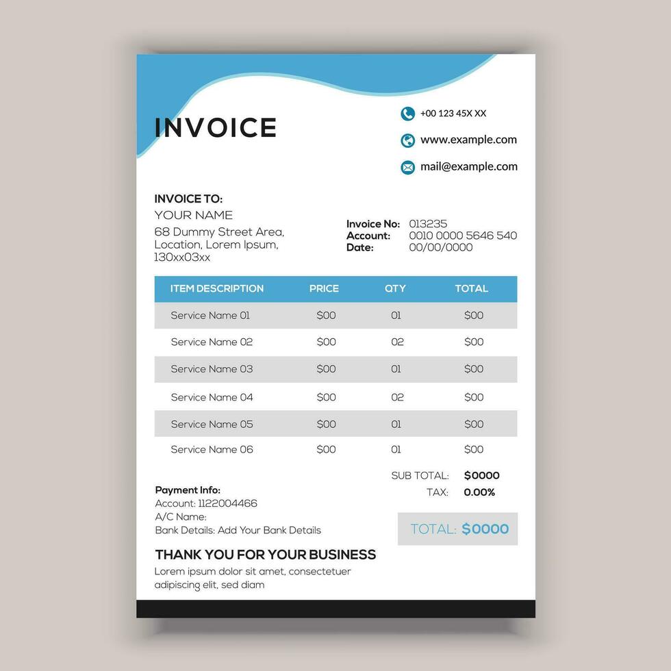 plantilla de factura creativa corporativa empresarial. factura comercial para su empresa, plantilla de factura lista para imprimir. vector