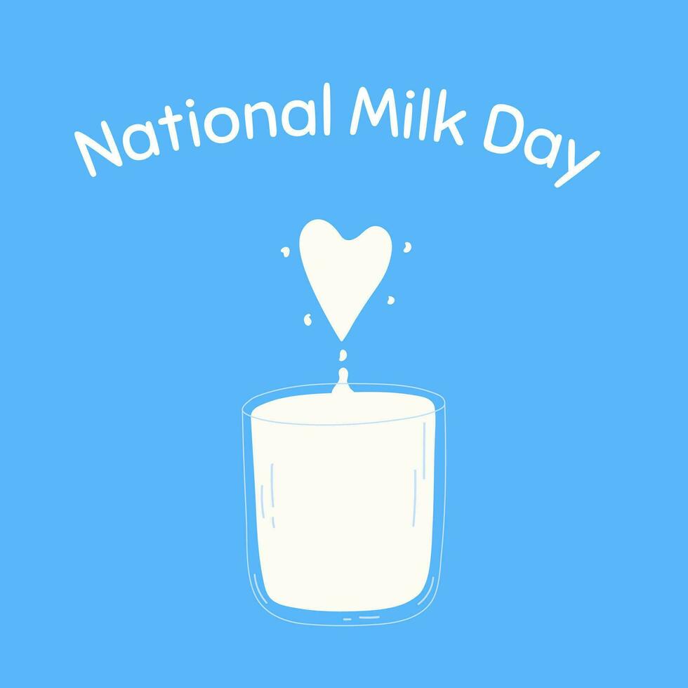 A glass of milk with heart as concept of National milk day, January 11th. Hand drawn vector illustration.