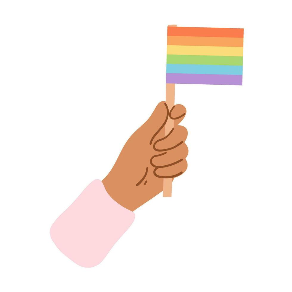 Hand holding rainbow flag. Pride month, lgbtq movement, people diversity, gender equality. vector