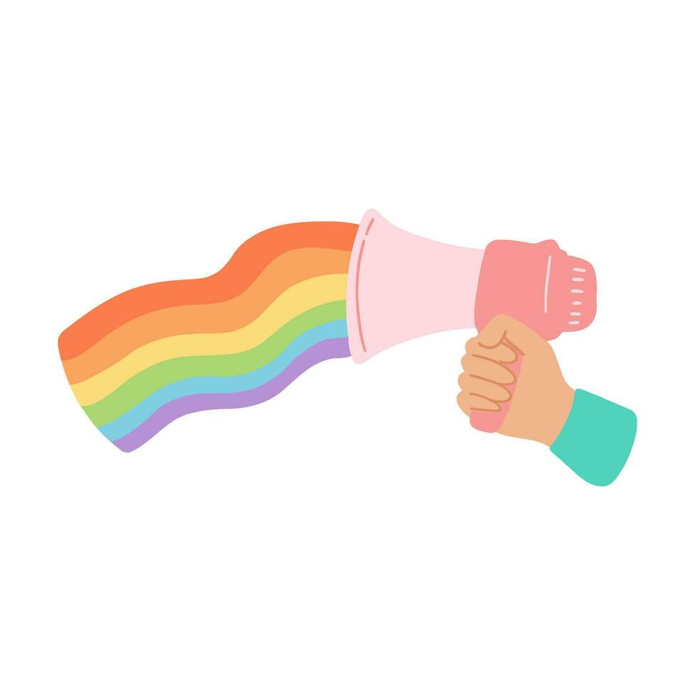 Hand holding megaphone with rainbow flag. Vector illustration of loudspeaker as symbol of pride month, gender equality, lgbtq rights, people diversity.