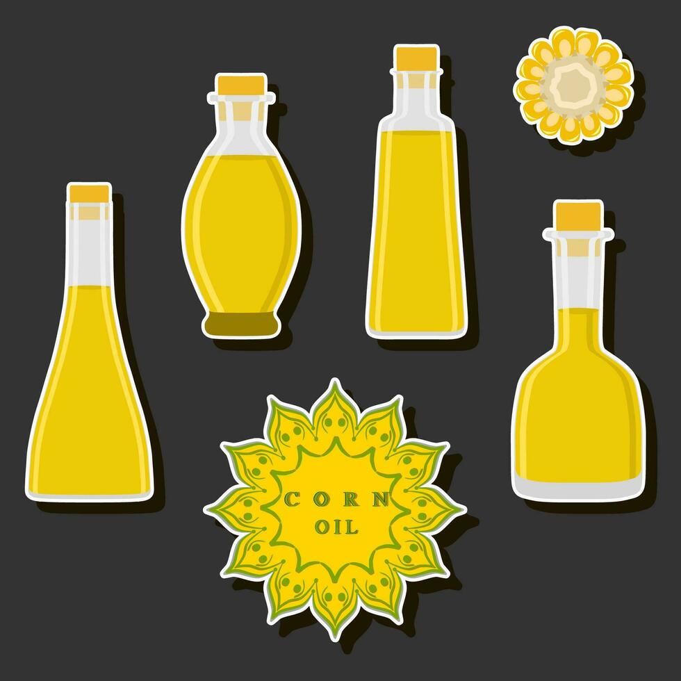 Illustration on theme big set different types liquid oil, bottle various size vector