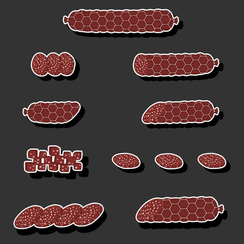 Illustration on theme big set different types delicatessen meat sausages vector