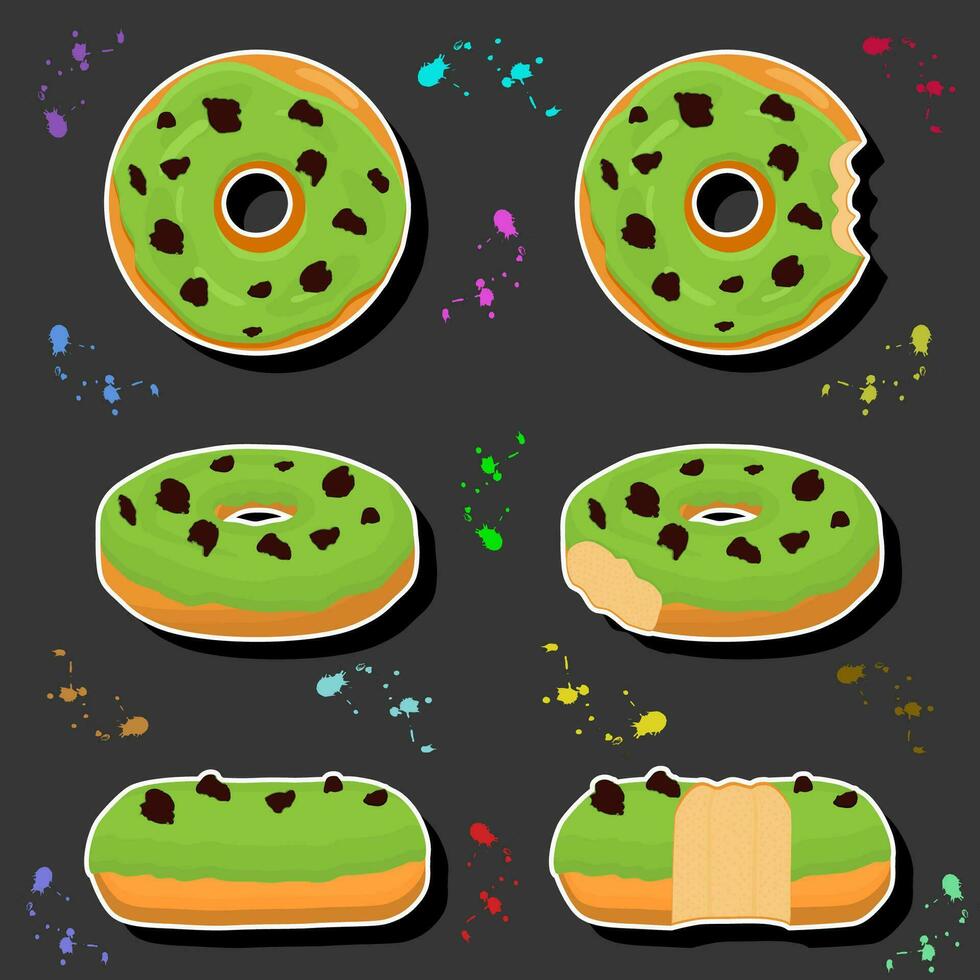 Illustration on theme big set different types sticky donuts, sweet doughnuts various size vector