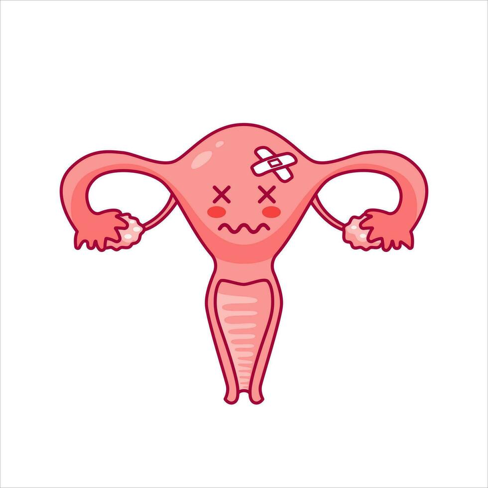 Uterus. Cute sad cartoon character in kawaii style. Disease, infertility. Women Health. Female reproductive system, cycle. anatomy, cervix, ovaries, fallopian tubes. Vector illustration, flat style