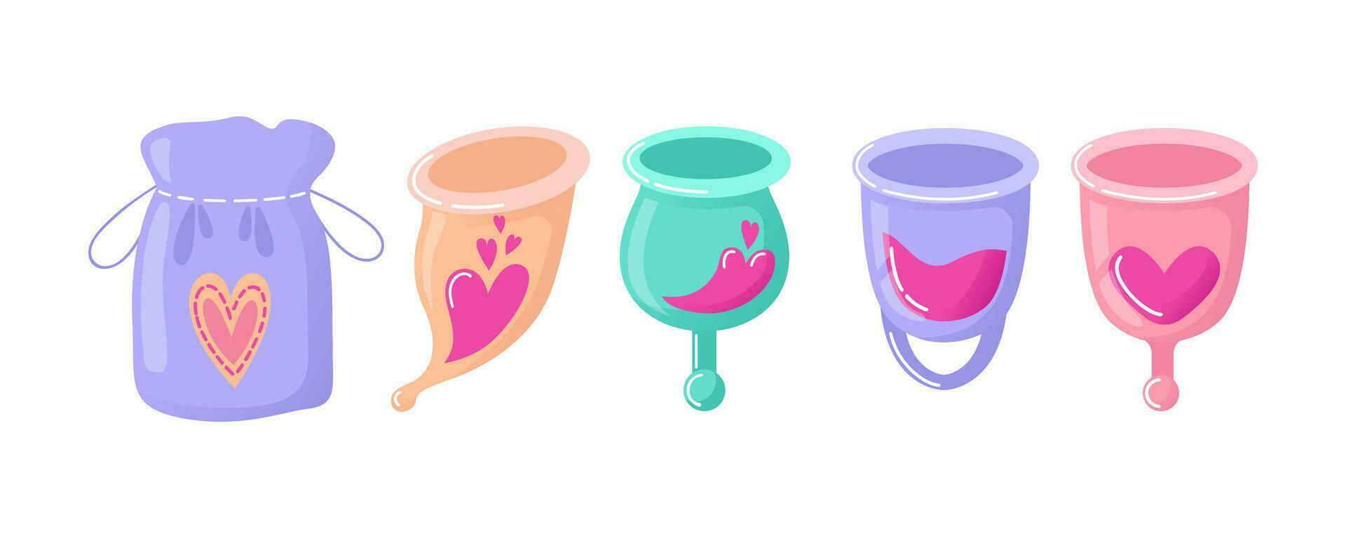 conjunto menstrual tazas, almacenamiento bolsa. higiene producto. mujer salud. razonable consumo. reduciendo desperdiciar. ecológico, reutilizable hembra reproductivo sistema, ciclo. vector, dibujos animados estilo melocotón pelusa vector