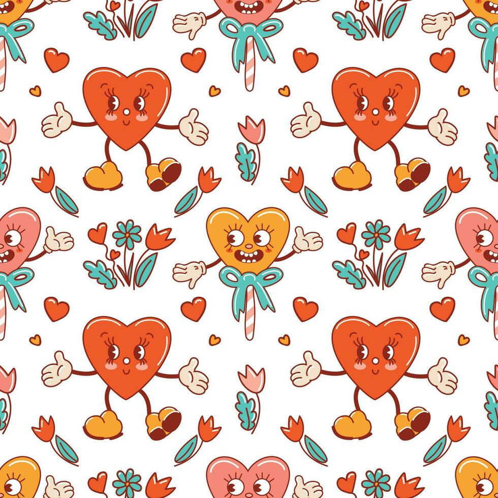 Seamless pattern for Valentines Day. Characters in old retro cartoon style. Dancing funky-groovy cute lollipops and hearts with flowers. For wallpaper, fabric, wrapping, background. vector