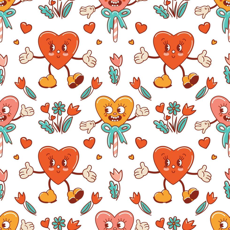 Seamless pattern for Valentines Day. Characters in old retro cartoon style. Dancing funky-groovy cute lollipops and hearts with flowers. For wallpaper, fabric, wrapping, background. vector