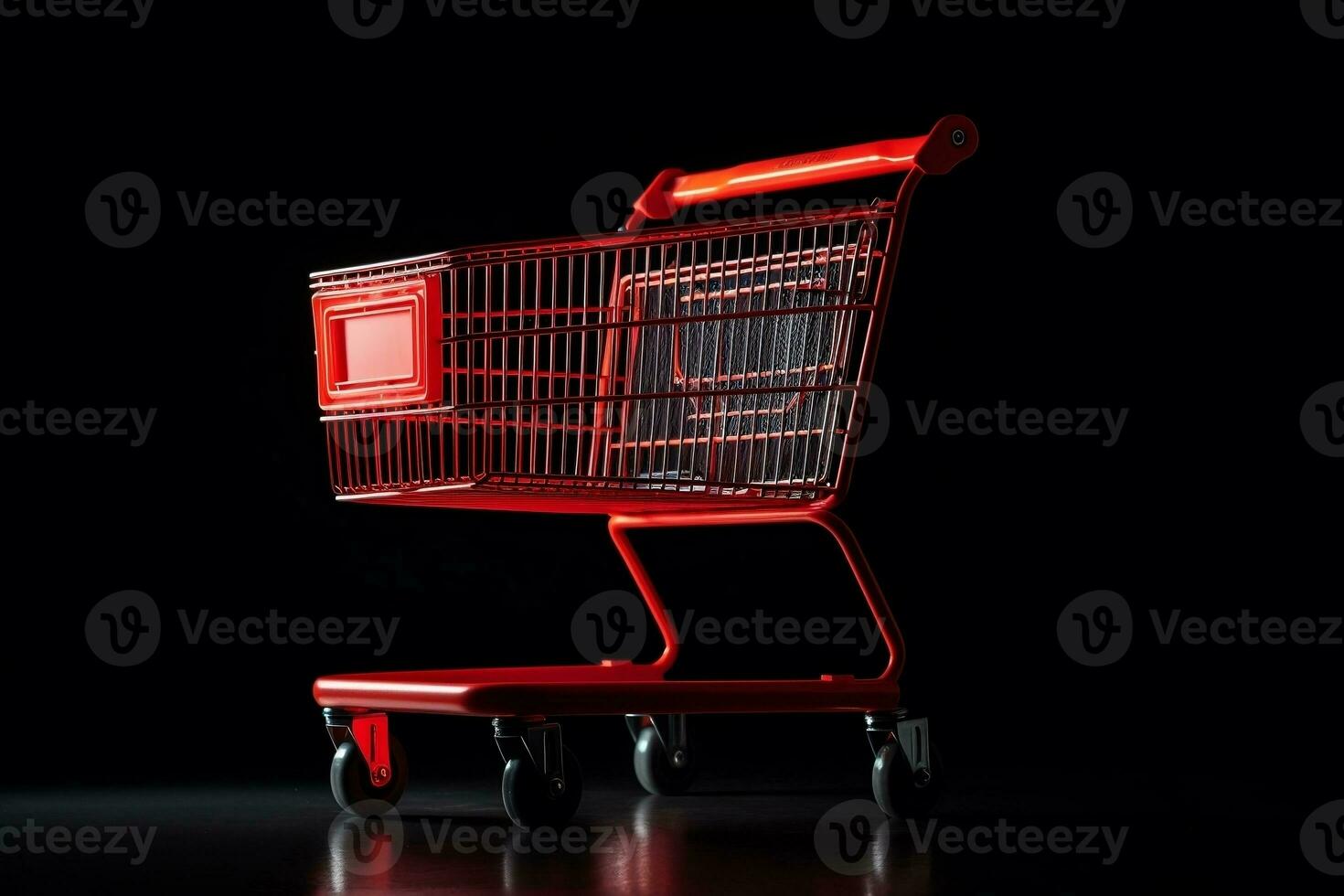 AI generated Red shopping cart on a black background. photo