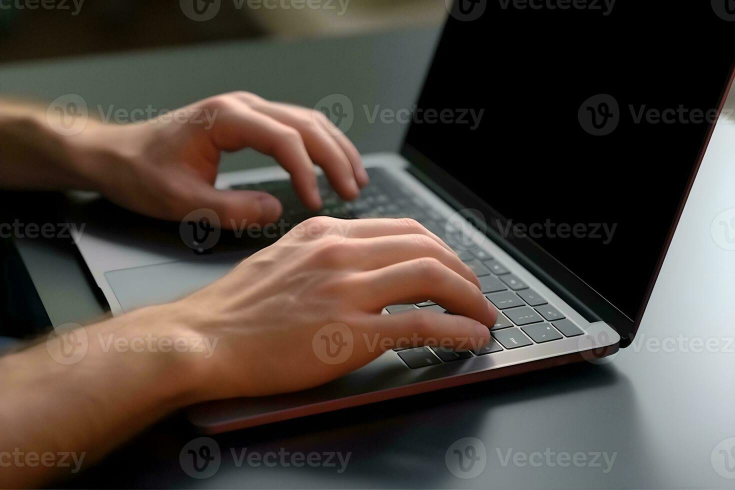 AI generated Man works on a laptop, copy space. photo