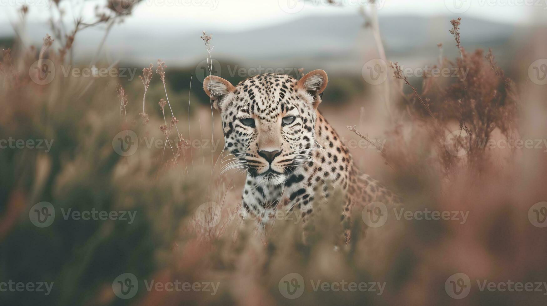 AI generated A leopard is resting in the tall grass. photo