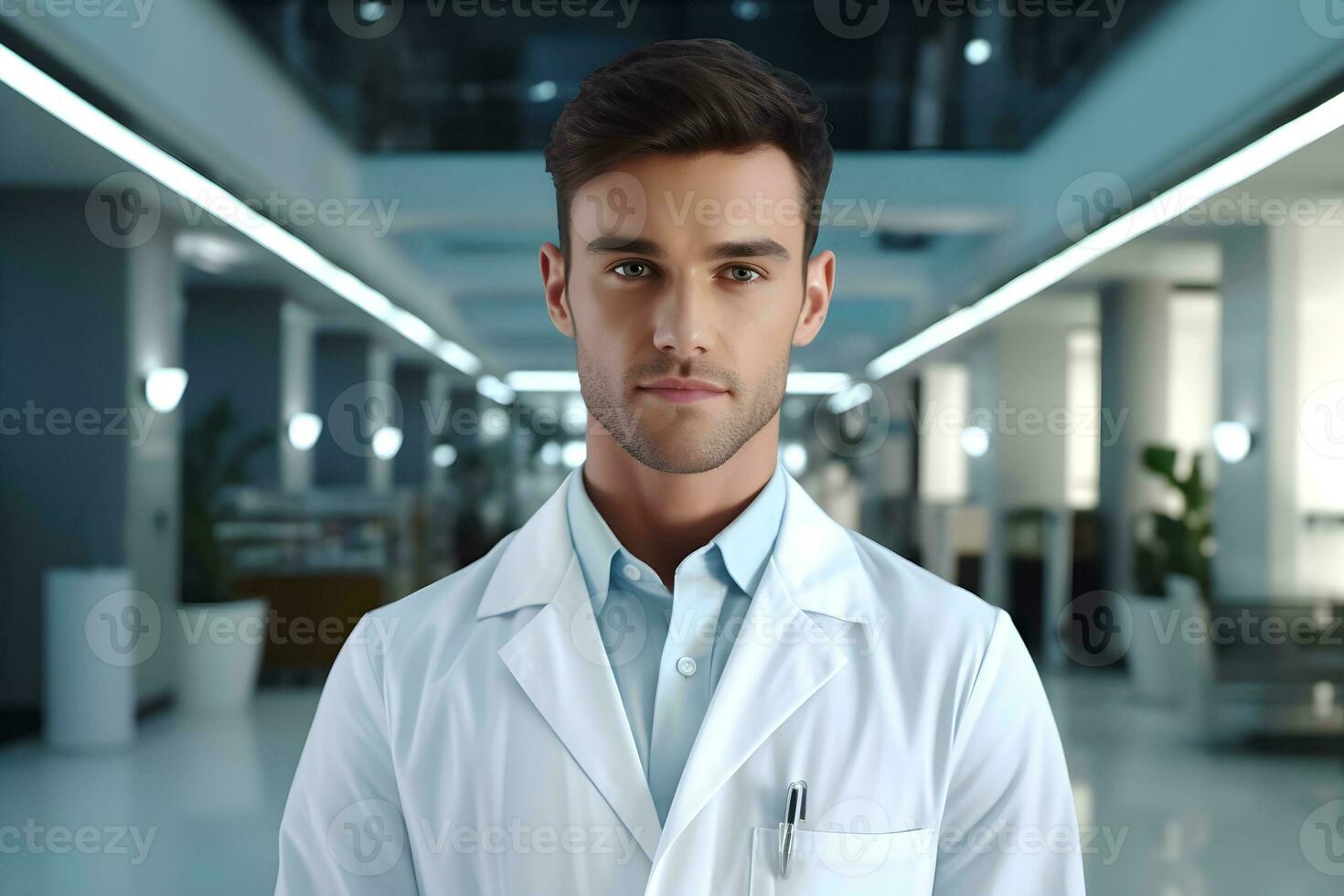 AI generated Portrait of a doctor in a hospital corridor. photo
