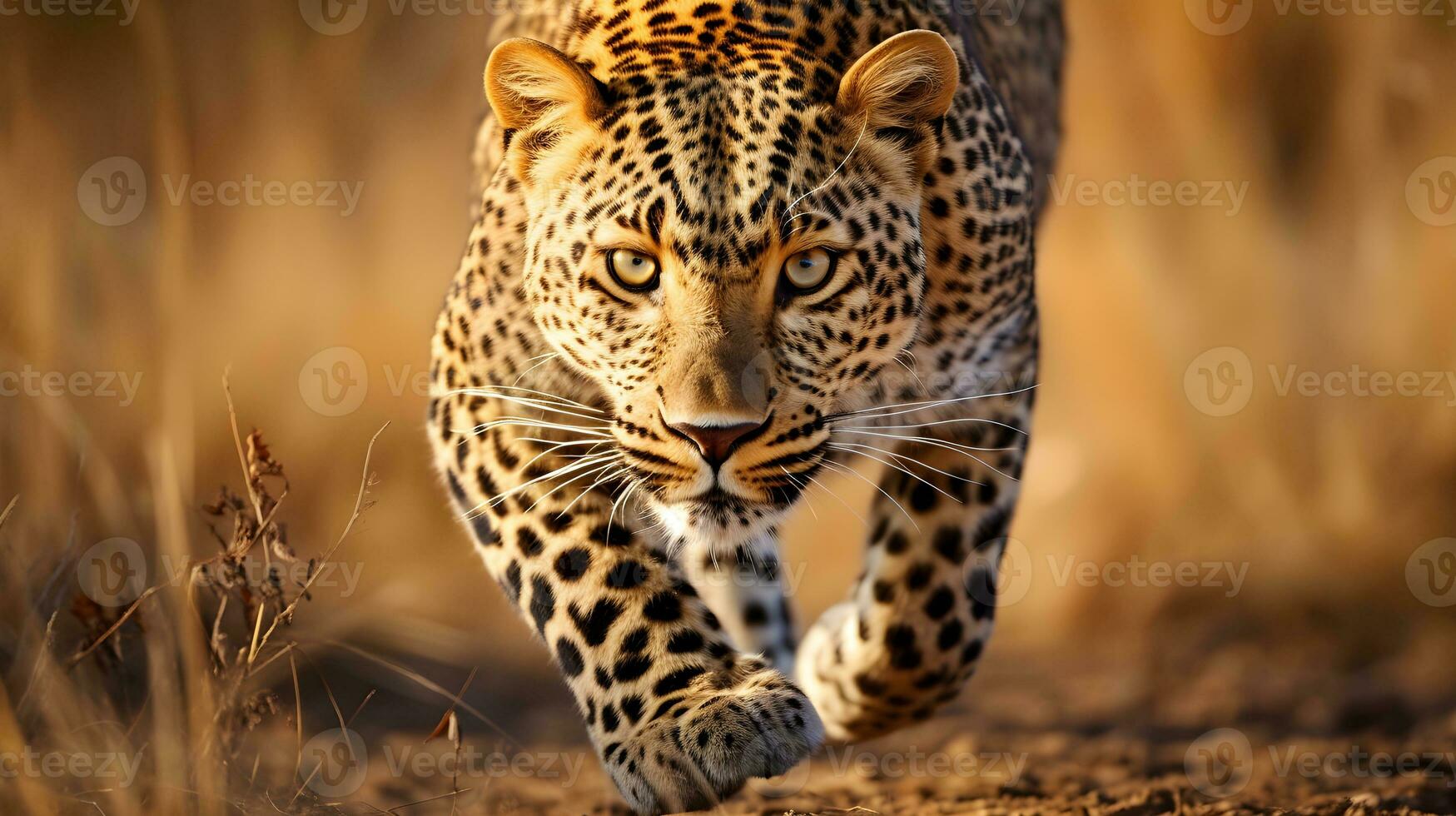 AI generated A leopard runs in the savannah. Photo of wild nature.
