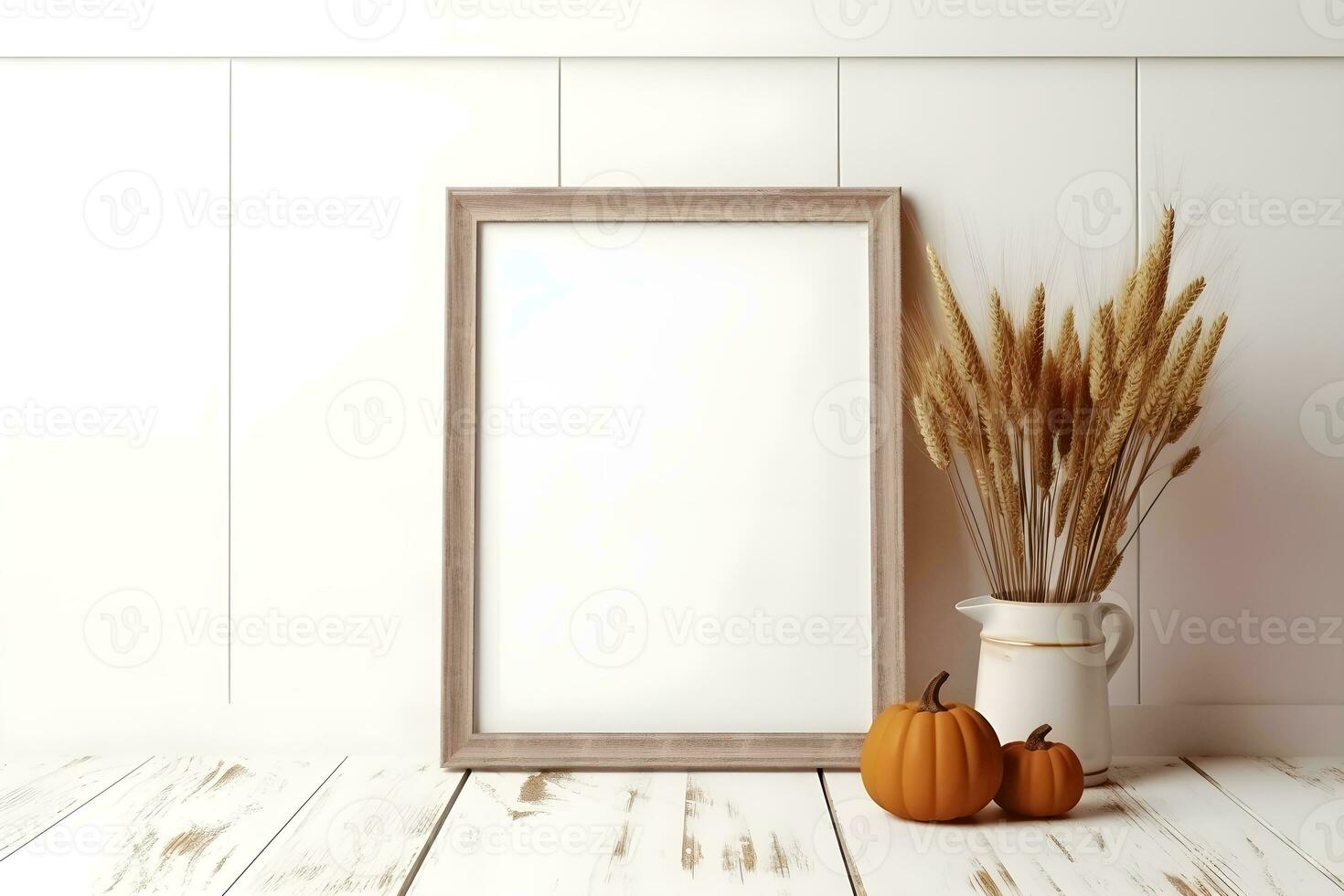 AI generated Empty frame with decorative pumpkins on a light background, Mockup. photo