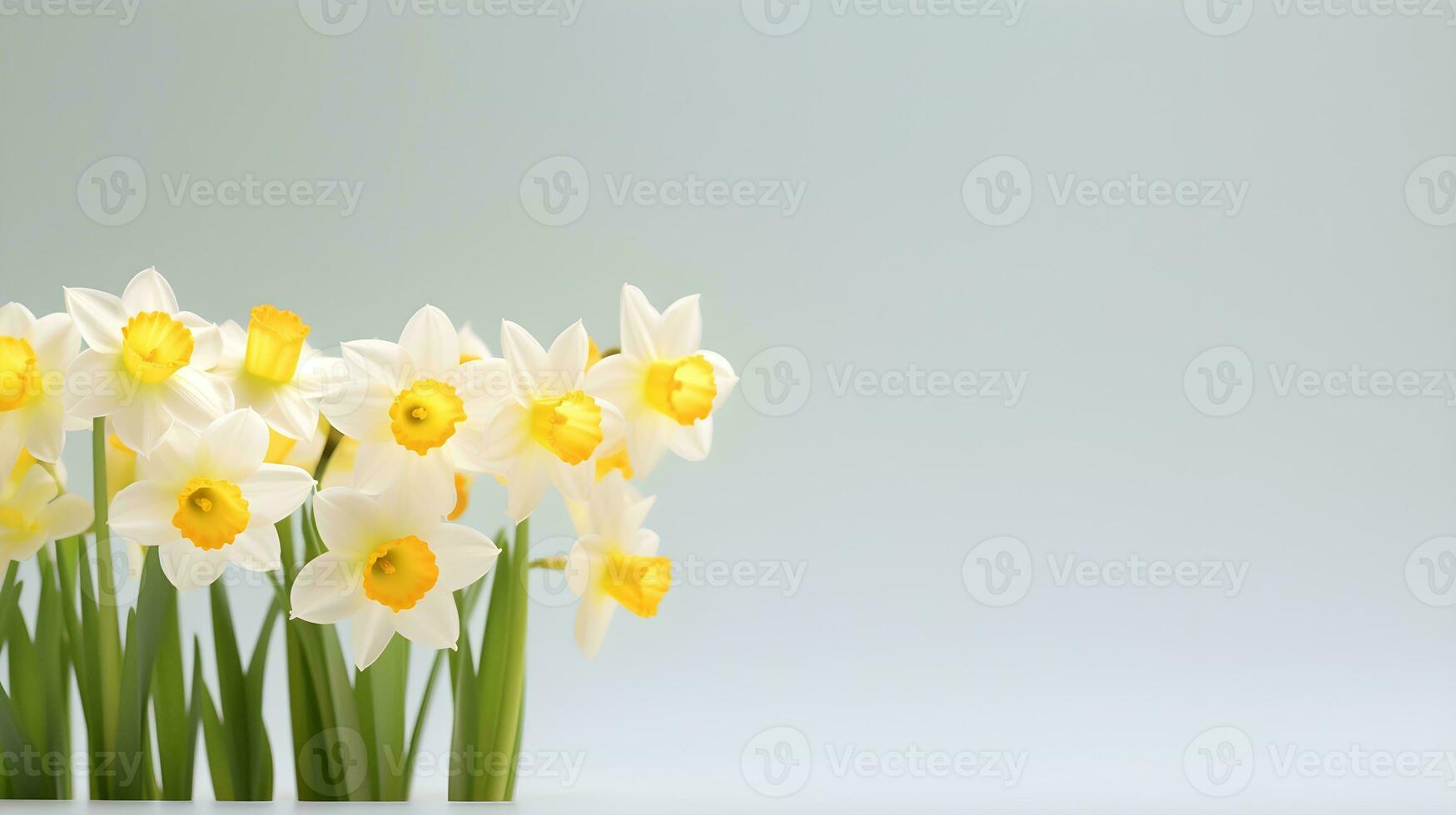 AI generated Bouquet of daffodils on a light blue background, copy space. photo