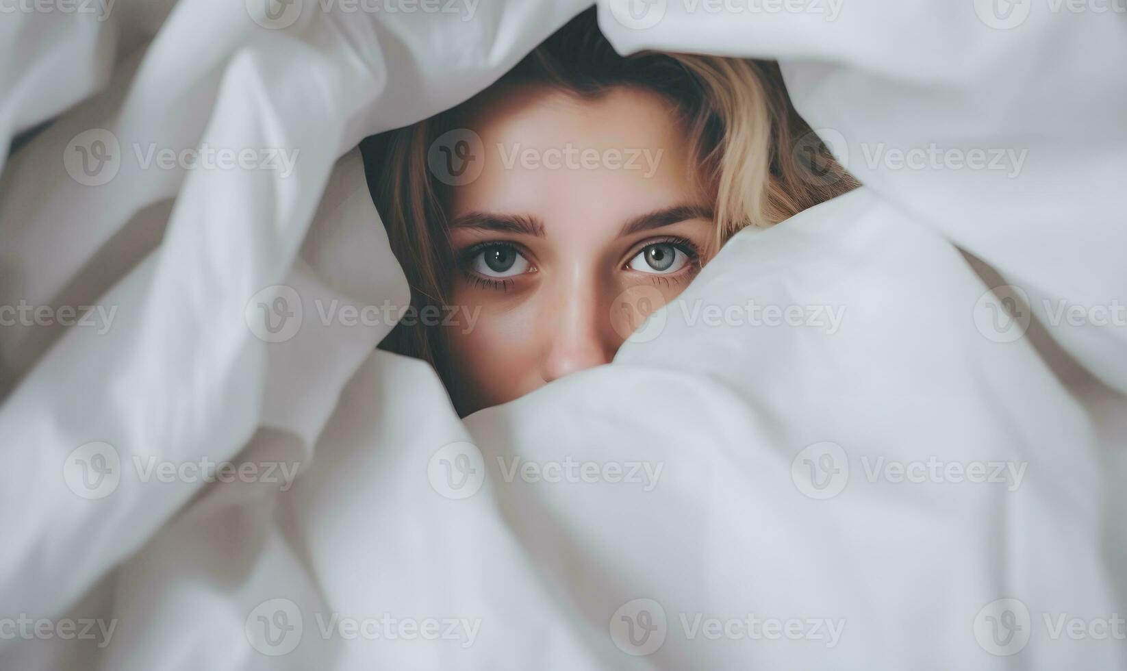 AI generated A young woman hides her face under a blanket. photo