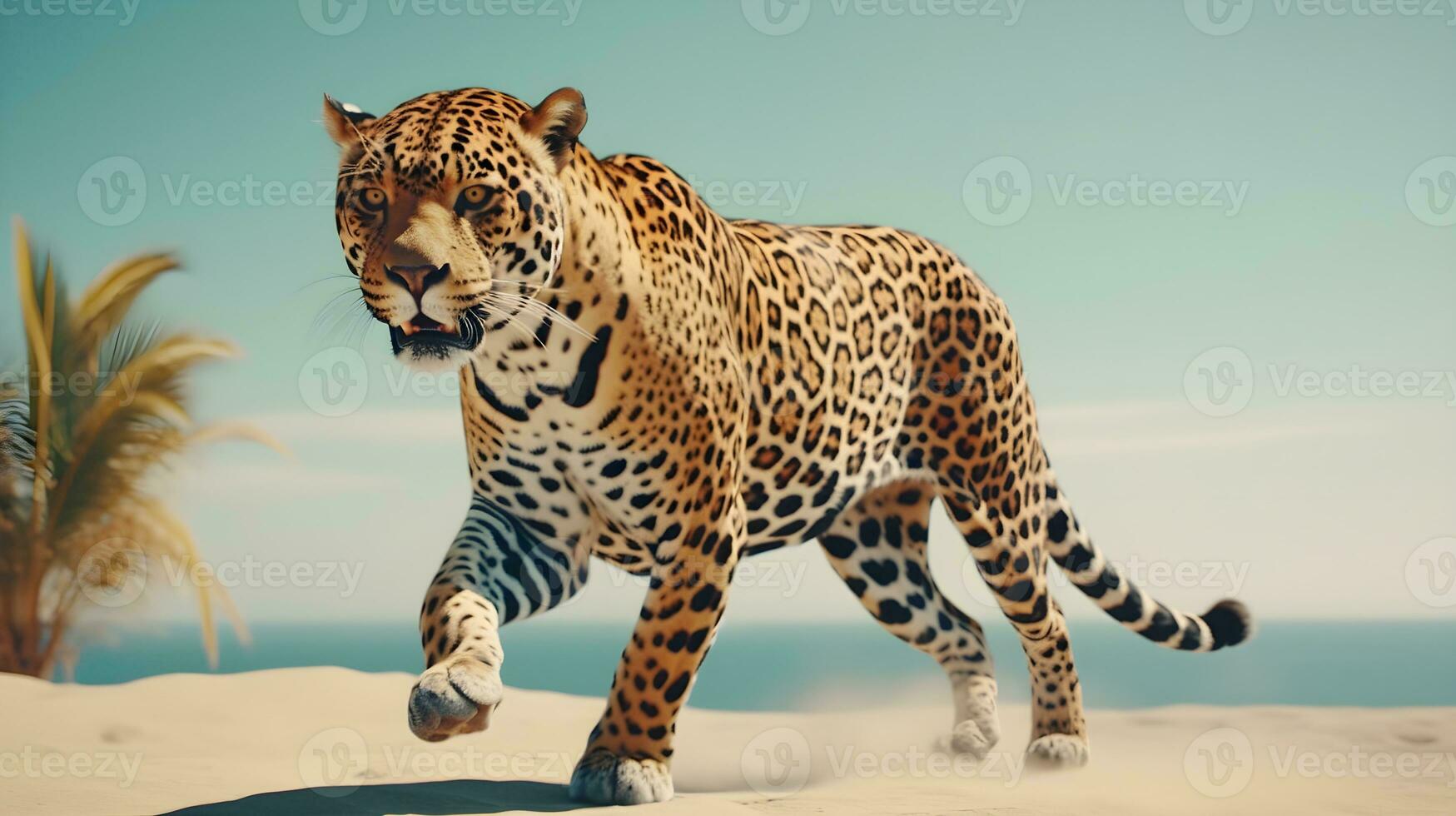 ai generado leopardo en el Desierto en el antecedentes de el cielo. foto