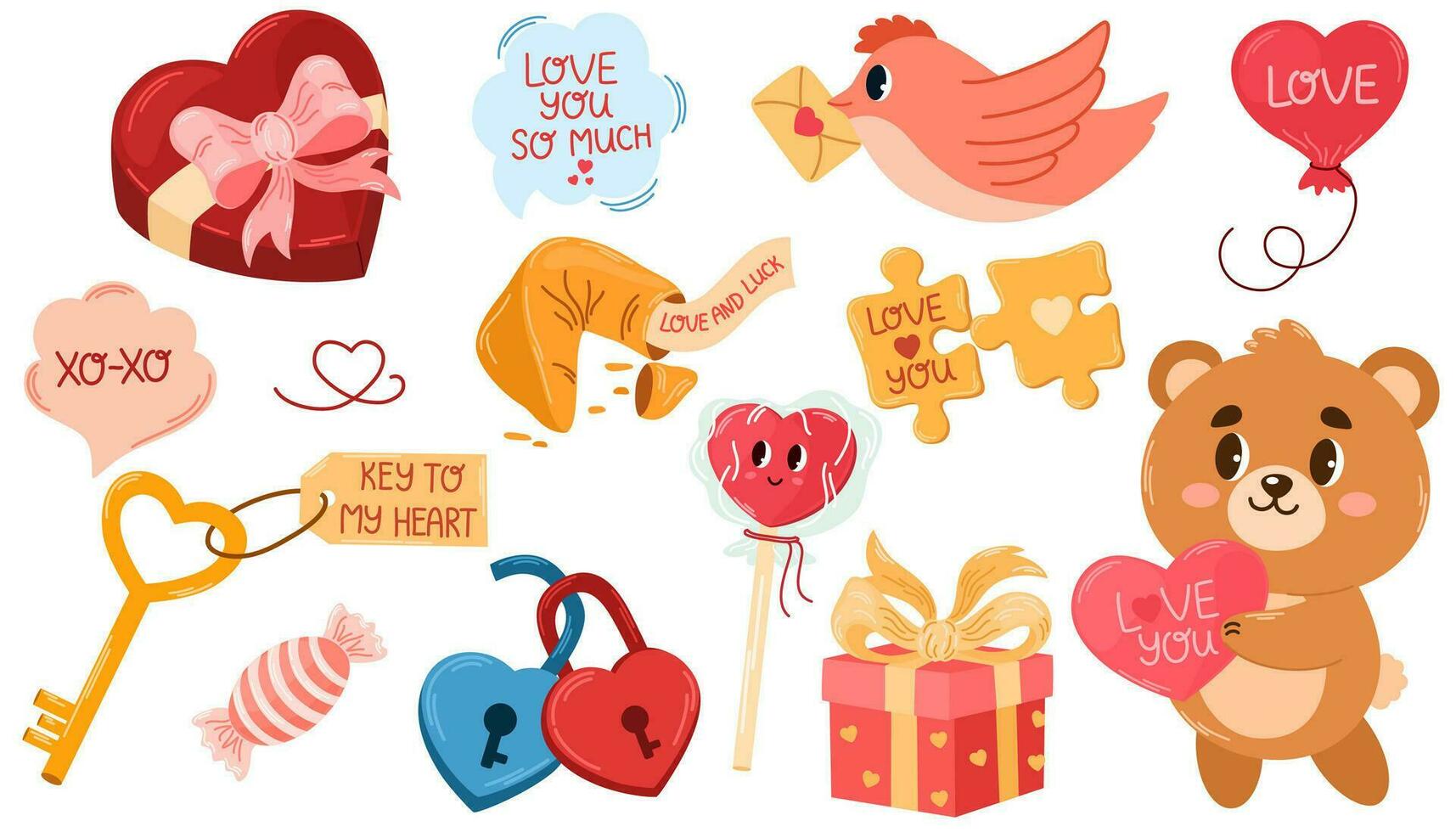 cortar conjunto de romántico elementos para San Valentín día. osito de peluche oso, fortuna galletas, regalo, chupete, llave, caja de bombones, Paloma con un carta, rompecabezas y corazones. vector ilustraciones