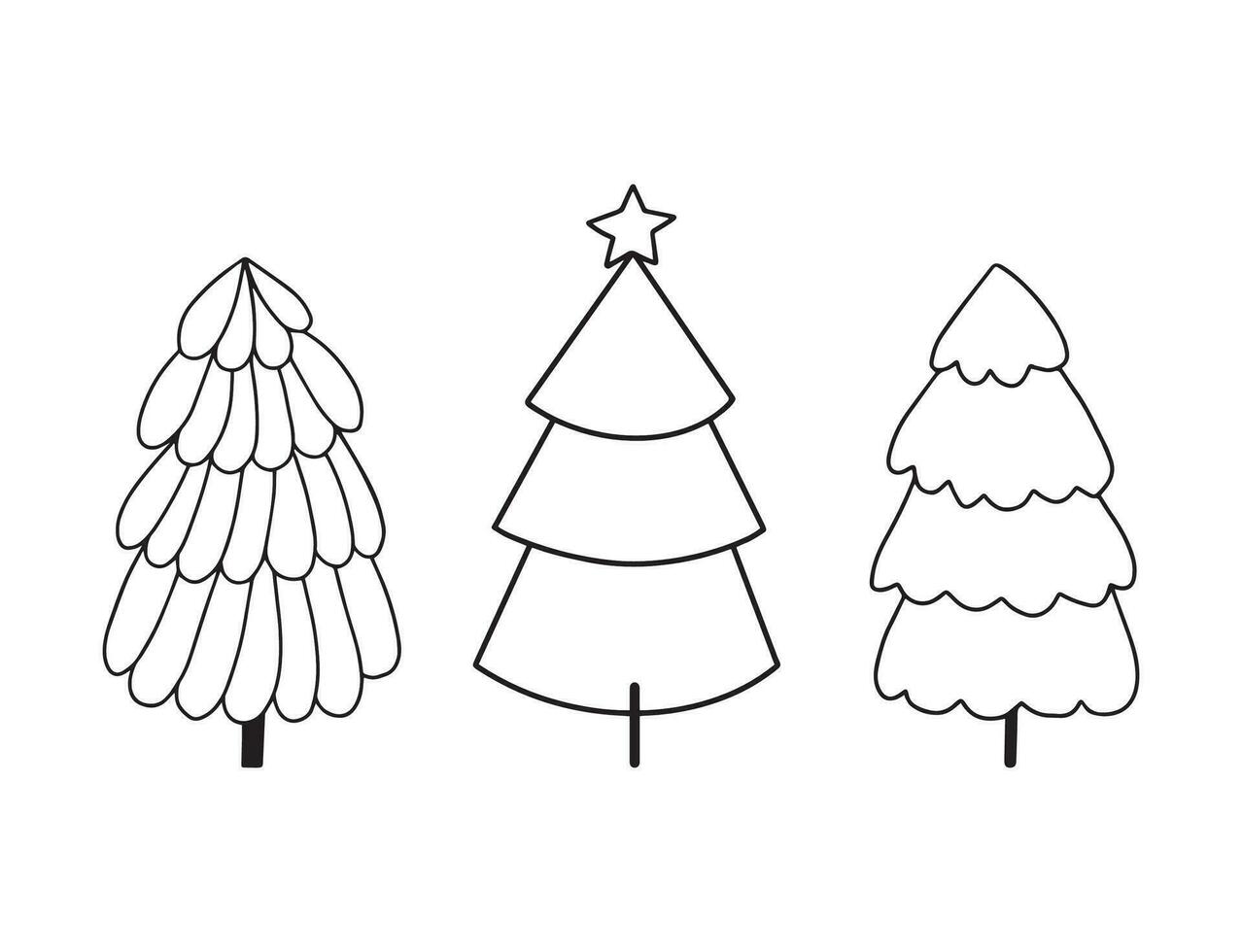 Christmas tree black and white symbols. Fir tree line drawing, vector icon. Holiday design elements isolated on white. Simple shape concept. For winter season cards, New year party posters and banners