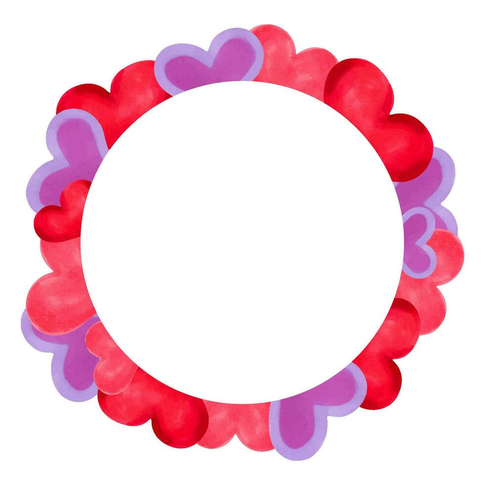 Abstract frame with pink hearts and place for text. Border for Valentine's day, singles day, friends, girlfriends. Watercolor and marker illustration. Romantic frame for cards. vector