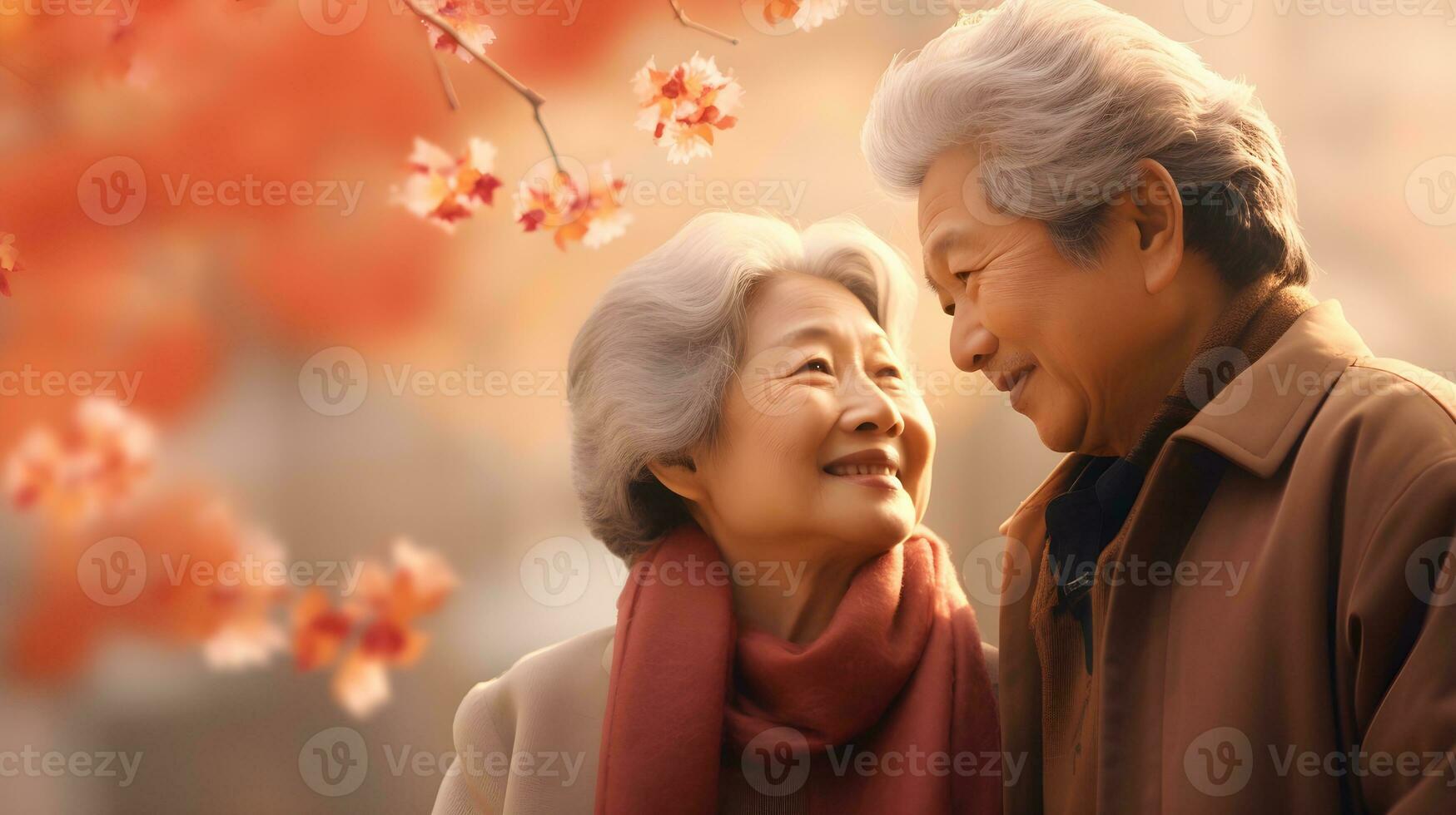 AI generated Portrait of a happy old couple on the background of a spring street. photo