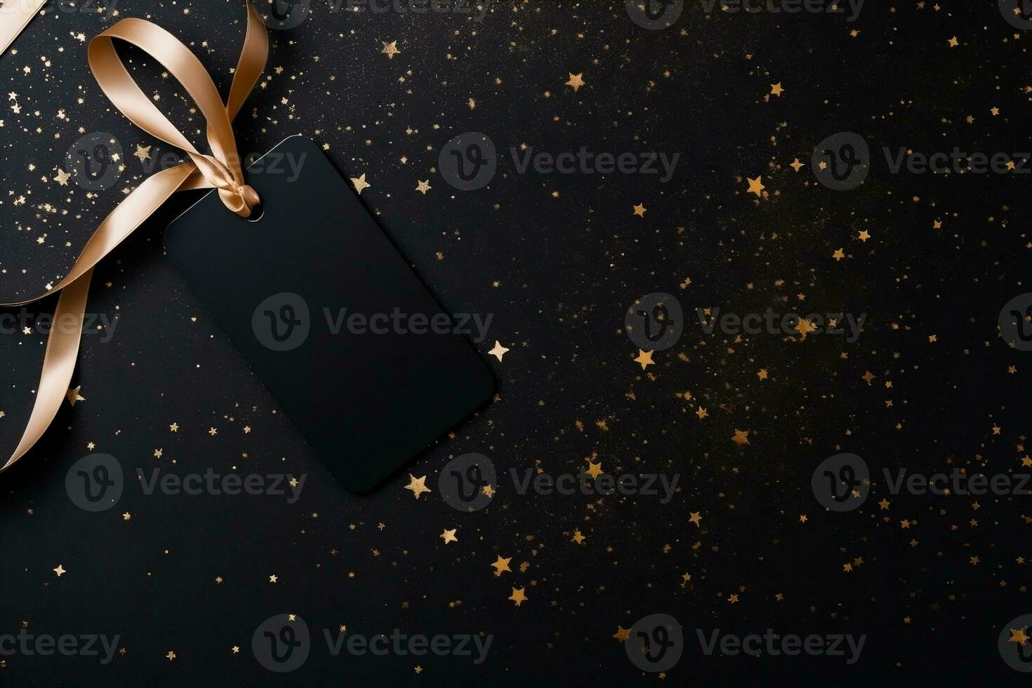 AI generated Blank black price tag with gold ribbon on black background. photo