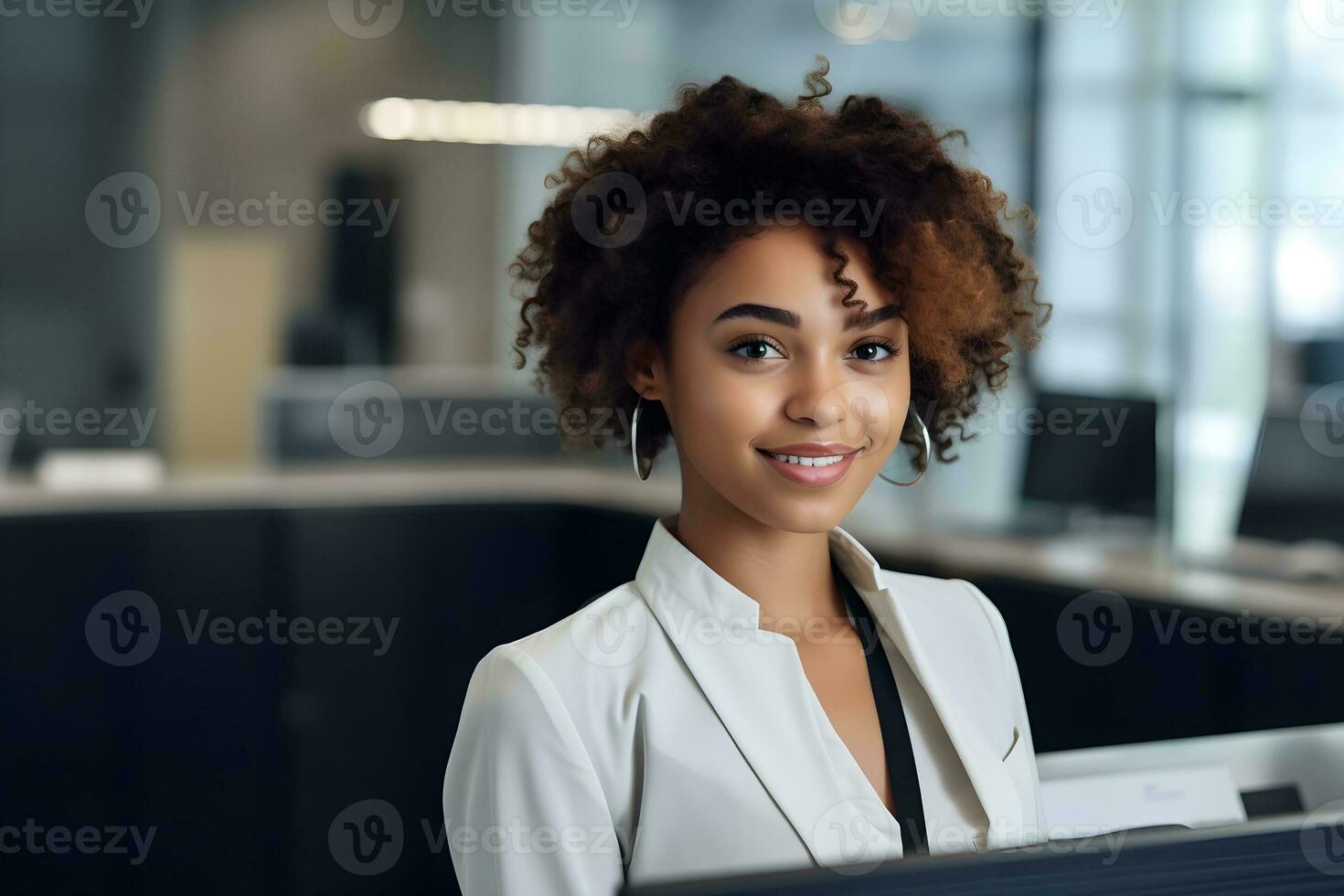 AI generated A young woman works in the office. photo