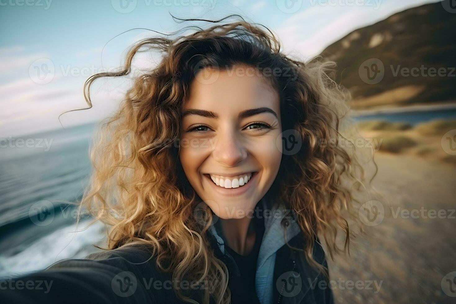 ai generado joven mujer tomando selfie en el playa. foto