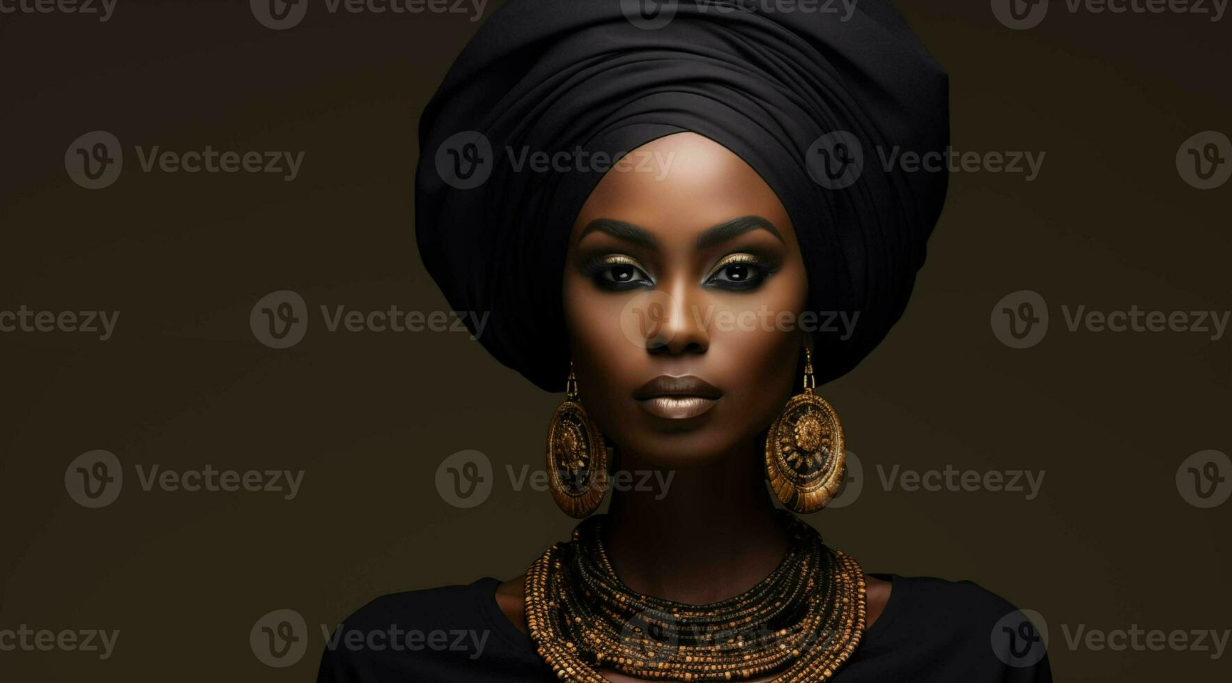 AI generated Portrait of a beautiful woman in a turban on a dark background, copy space. photo