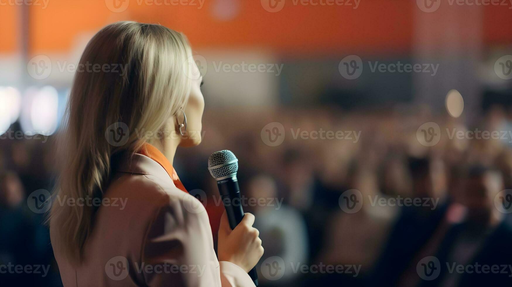 ai generado negocio mujer conduce un seminario. foto