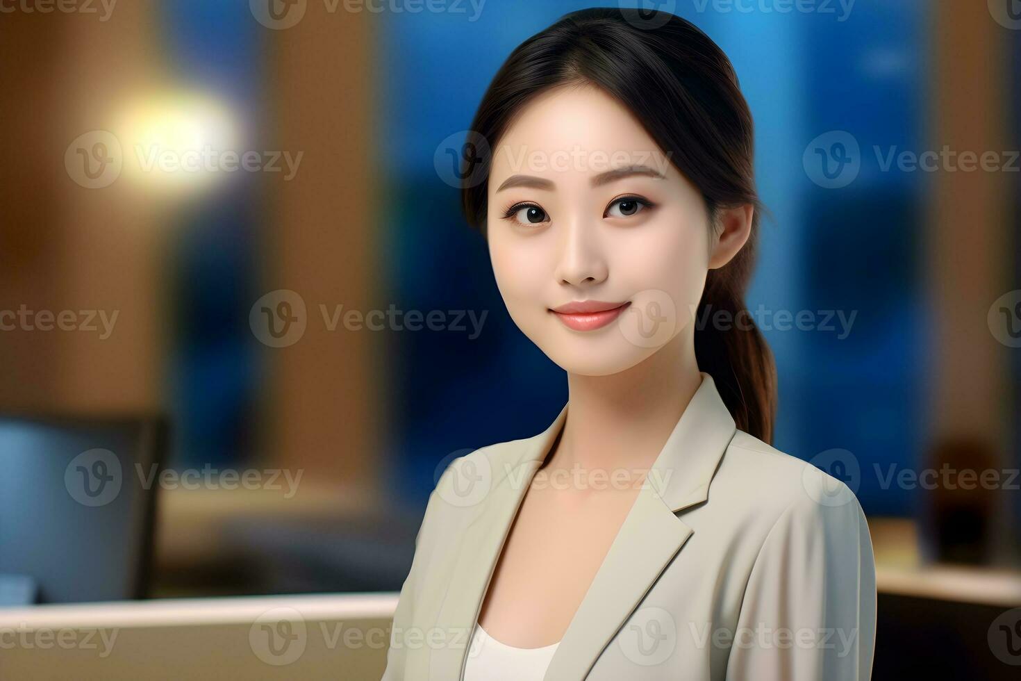 AI generated Beautiful young woman in the office. photo