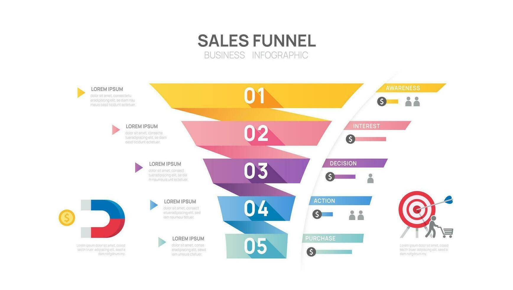 Infographic Sales funnel diagram template for business. Modern  Timeline inbound step, digital marketing data, presentation vector infographics.