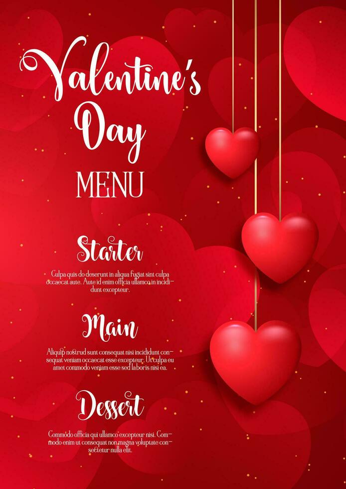 Valentines Day menu design with red hearts background vector