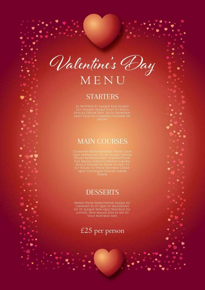 Valentines Day menu design with hearts border vector